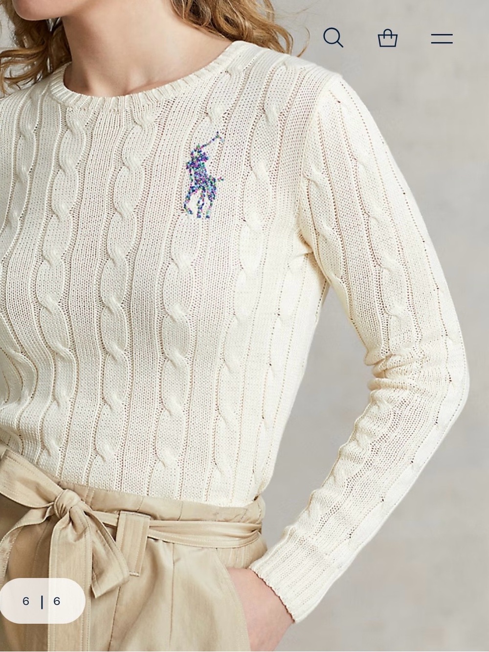 Polo Ralph Lauren Pastel Beaded Big Pony Logo Cable Knit Sweater Size XXS Cream